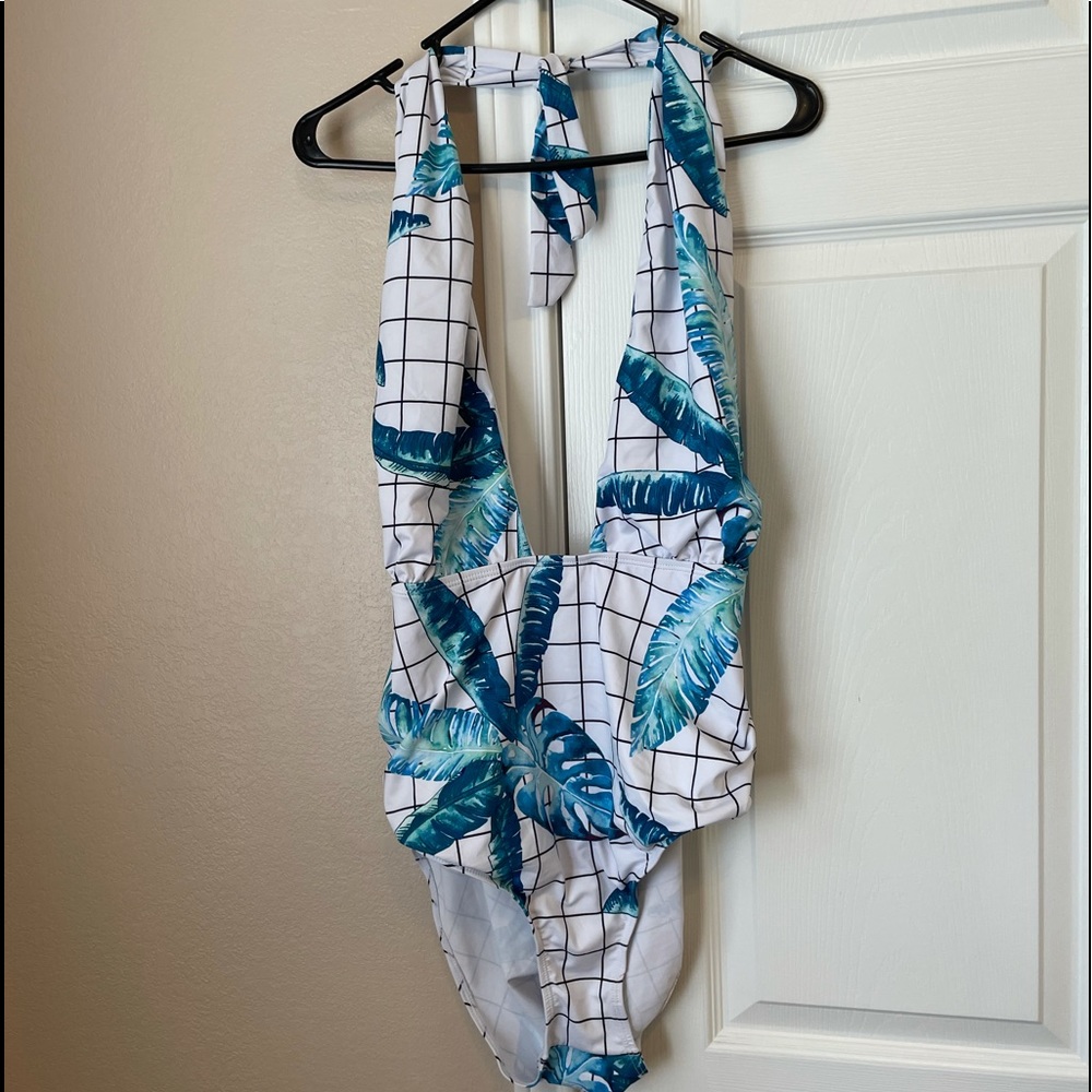 Blue, Black and White Halter One Piece Swim Suit